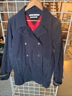 Tommy Hilfiger Navy Corduroy Double-Breasted Jacket with Red Lining Accents